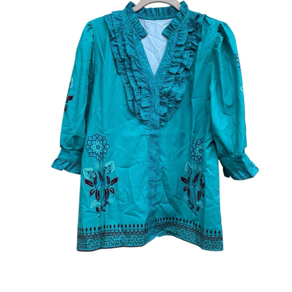 Teal / greenish Embroidered Ruffle 3/4 sleeve Blouse NWOT small